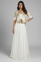 Off White Designer Handworked Crepe Silk Indo Western Set - white silk saree