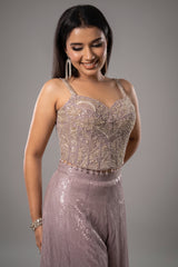 Lilac Purple Net Sequin Cutdana Worked Corset with Palazzo Set