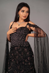 Black Net Sequin Cutdana Worked Gown with Cape - black net saree