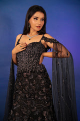 Black Net Sequin Cutdana Worked Gown with Cape