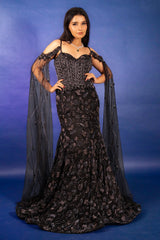 Black Net Sequin Cutdana Worked Gown with Cape
