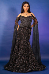 Black Net Sequin Cutdana Worked Gown with Cape