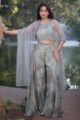 Sea Green Tissue Silk Floral Printed Crop Top Palazzo with Dupatta - green silk saree