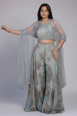 Sea Green Tissue Silk Floral Printed Crop Top Palazzo with Dupatta - green silk saree