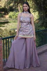 Mauve Chinon Silk Printed Palazzo Suit with Embroidery Work