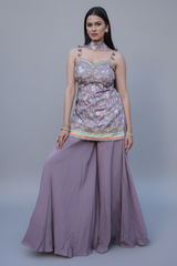 Mauve Chinon Silk Printed Palazzo Suit with Embroidery Work