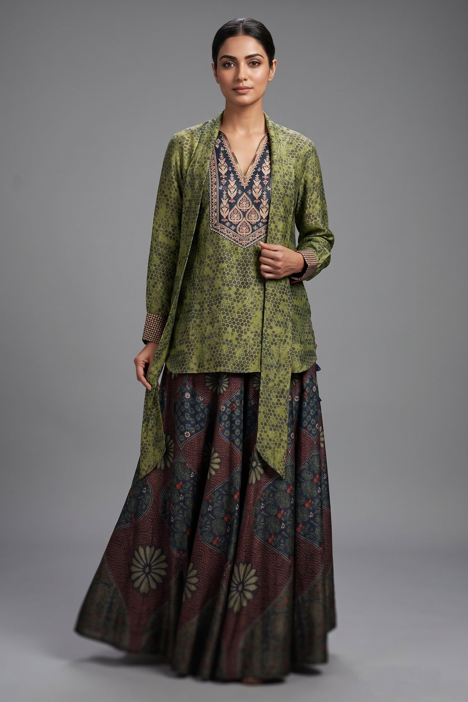 Green Silk Printed Indo Western Set - green silk saree