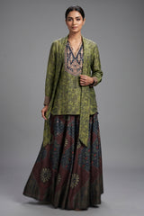 Green Silk Printed Indo Western Set - green silk saree