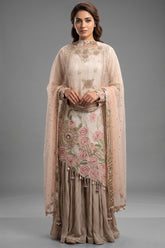 Grey Raw Silk Asymmetric Floral Embroidered and Bead Worked Palazzo Suit - red silk saree embroidered