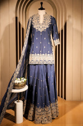 Blue Raw Silk Sequin Embroidered Palazzo Suit - red silk saree embroidered
