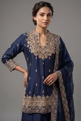 Blue Raw Silk Sequin Embroidered Palazzo Suit - red silk saree embroidered