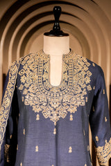 Blue Raw Silk Sequin Embroidered Palazzo Suit - red silk saree embroidered