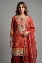 Red Silk Patola Printed Palazzo Suit with Sequin and Beads Work - red silk saree patola