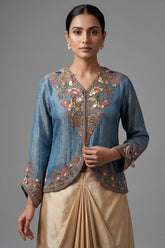 Blue Tissue Silk Embroidered Crop Top and Draped Skirt - red silk saree embroidered