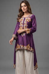 Purple Raw Silk Mirror and Thread Embroidered Top with Draped Skirt - red silk saree embroidered