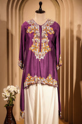 Purple Raw Silk Mirror and Thread Embroidered Top with Draped Skirt - red silk saree embroidered