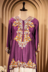 Purple Raw Silk Mirror and Thread Embroidered Top with Draped Skirt - red silk saree embroidered