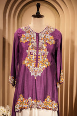 Purple Raw Silk Mirror and Thread Embroidered Top with Draped Skirt