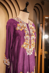 Purple Raw Silk Mirror and Thread Embroidered Top with Draped Skirt