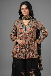 Black Raw Silk Embroidered Palazzo Suit - red silk saree embroidered