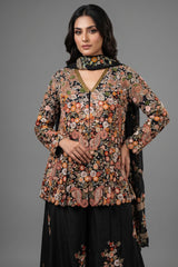 Black Raw Silk Embroidered Palazzo Suit - red silk saree embroidered