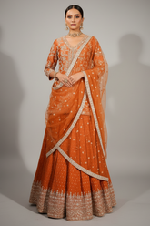 Orange Tissue Silk Sequin Embroidered and Mirror Worked Palazzo Suit - red silk saree embroidered