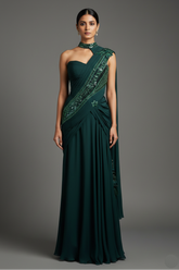 Bottle Green Chinon Silk Indo Western Set - green silk saree