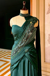 Bottle Green Chinon Silk Indo Western Set - green silk saree