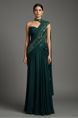 Bottle Green Chinon Silk Indo Western Set - green silk saree