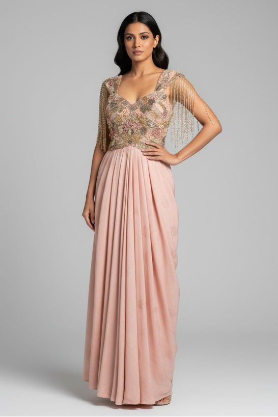 Pink Improted Sequin Cutdana Worked Fusion Gown - pink saree