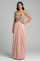Pink Improted Sequin Cutdana Worked Fusion Gown - pink saree