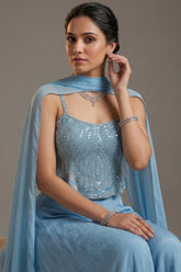 Blue Chinon Sequinned Peplum Style Crop Top Palazzo Set - blue saree