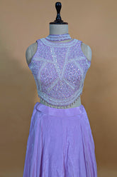 Lilac Crepe Silk Beaded and Sequin Worked Crop Top Palazzo Set - silk saree