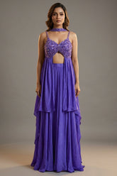 Purple Crepe Net Silk Sequin Beaded High Slit Cut Palazzo Suit