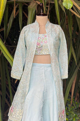 Light Blue Organza Sequin Embroidered Crop Top Palazzo Set with Jacket - red organza saree embroidered