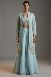 Light Blue Organza Sequin Embroidered Crop Top Palazzo Set with Jacket