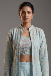 Light Blue Organza Sequin Embroidered Crop Top Palazzo Set with Jacket - red organza saree embroidered