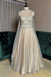 Cream Net Designer Sequinned Gown - cream net saree