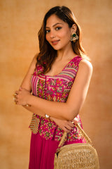 Fuschia Pink Silk Embroidered Top and Palazzo Set paired with a fluid georgette sharara