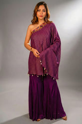 Byzantium Purple Georgette One Shoulder Asymmetrical Palazzo Set with Mirror Work