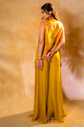 Yellow Organza Crop Top Palazzo Set with Mirror Worked Jacket - yellow organza saree