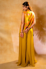 Yellow Organza Crop Top Palazzo Set with Mirror Worked Jacket - yellow organza saree