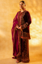Dark Byzantium Velvet Printed and Sequinned Palazzo Suit featuring a structured straight-cut kurta