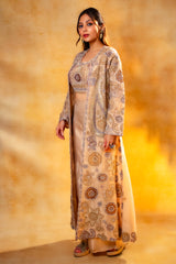 Champagne Beige Sequinned and Beaded Crop Top Palazzo Set with Long Jacket