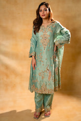 Turquoise Blue Organza Designer Handworked Suit - blue organza saree