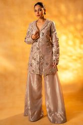 Designer Metallic Blush Pink Organza Designer Co-Ord Set for sangeet nights and festive gatherings