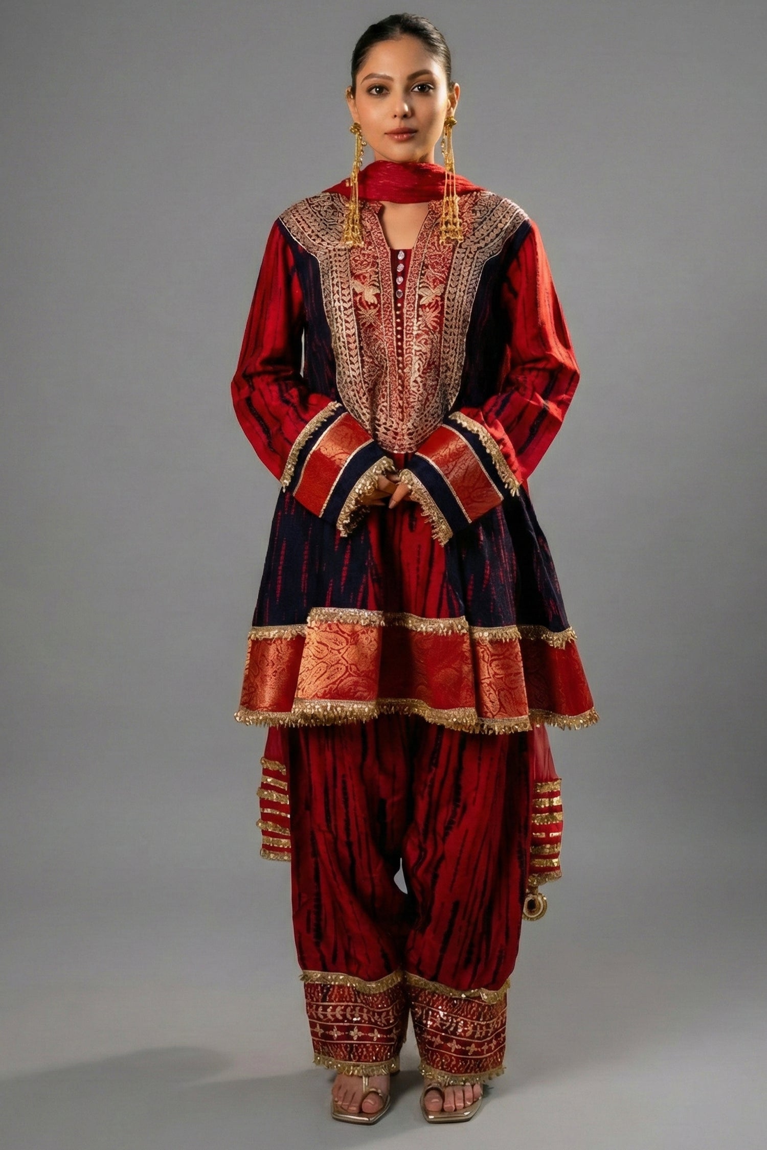 Maroon and Dark Navy Blue Raw Silk Choga Style Suit - Front View