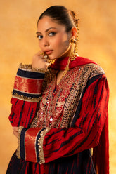 Maroon and Dark Navy Blue Raw Silk Choga Style Suit - maroon silk saree