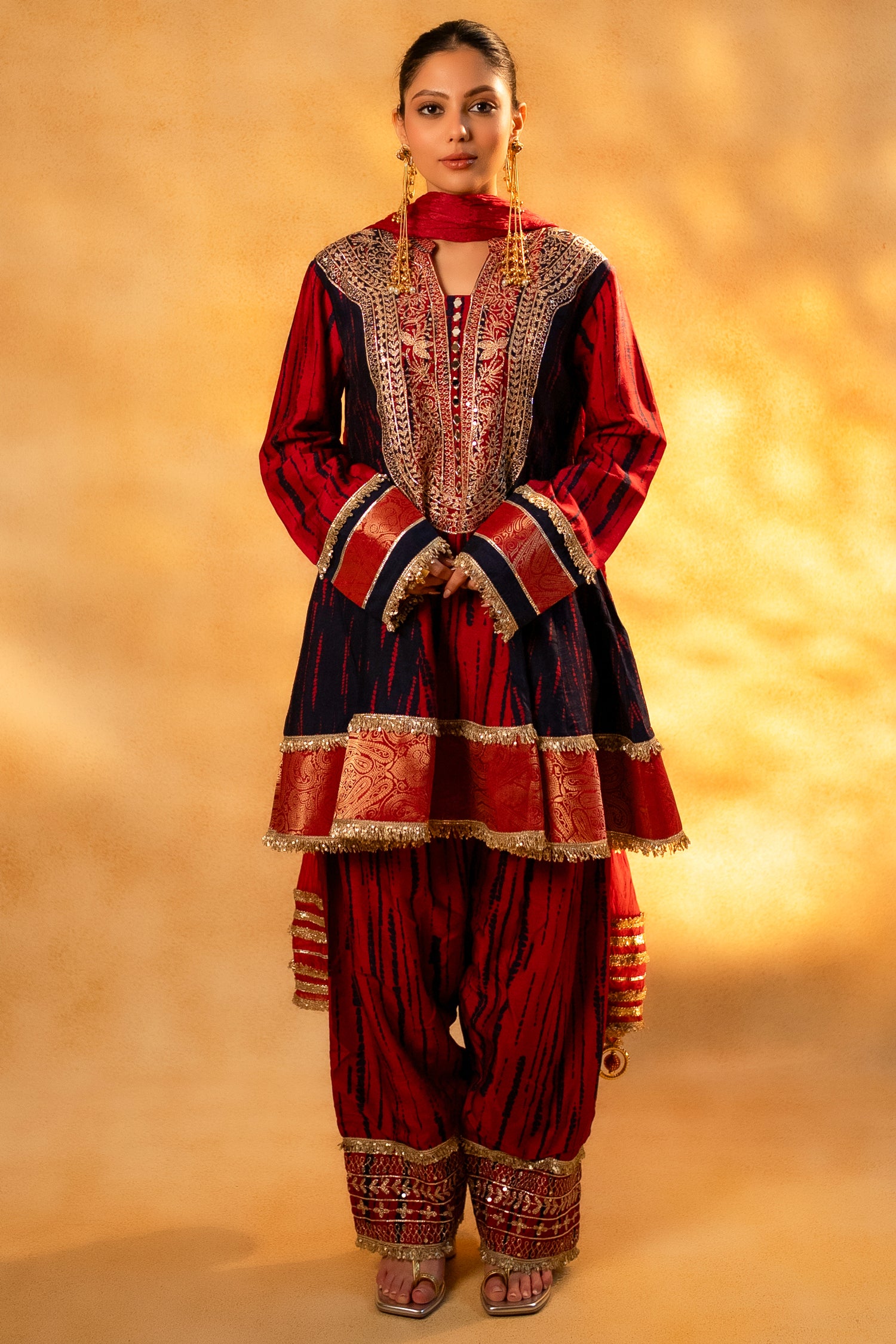 Maroon and Dark Navy Blue Raw Silk Choga Style Suit featuring a Shibori printed open-front design