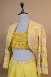 Yellow Organza Crop Top Skirt Set with Beaded Bolero Jacket - yellow organza saree